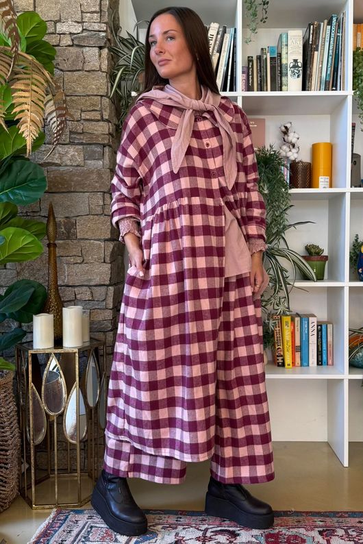 Nora Brushed Cotton Gingham Frock Coat Aubergine